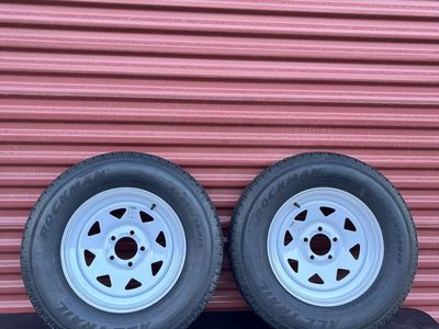New Set of 2 Rockman ST 205/75 R 15 Trailer Tires Mounted on New White Spoke Wheels. 8 Ply D Load 5 on 4.5