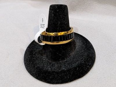 Gold-Tone Stainless Steel Ring with Black Channel Inlay Size 9