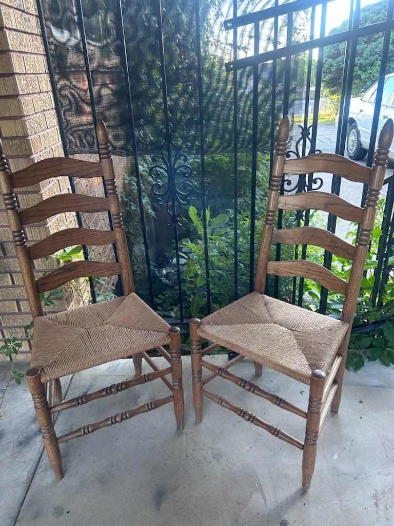 Pair of Vintage Ladder Back Dining Chairs with Woven Rush Seats - Rustic Wood Accent Chairs