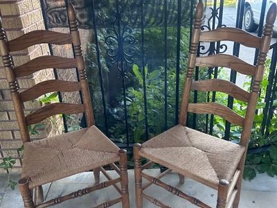 Pair of Vintage Ladder Back Dining Chairs with Woven Rush Seats - Rustic Wood Accent Chairs