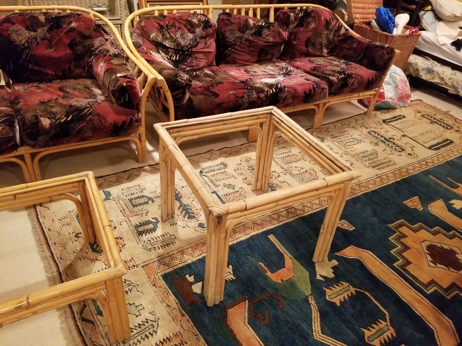 Vintage Rattan & Microfiber Living Room Set - Sofa, Loveseat, Armchair, Coffee & End Tables