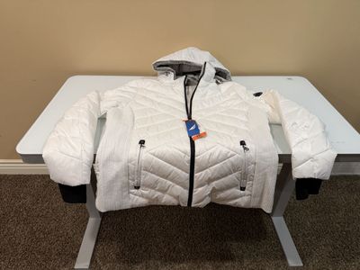 Nautica Women's White Hooded Puffer Jacket, Size XXL, Quilted with Knit Sides