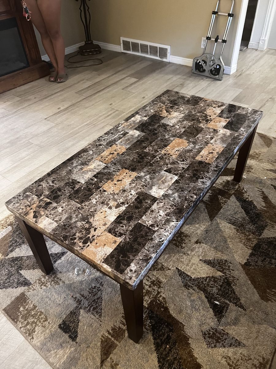 Rectangular Coffee Table with Faux Marble Top and Wood Legs - Modern Living Room Furniture
