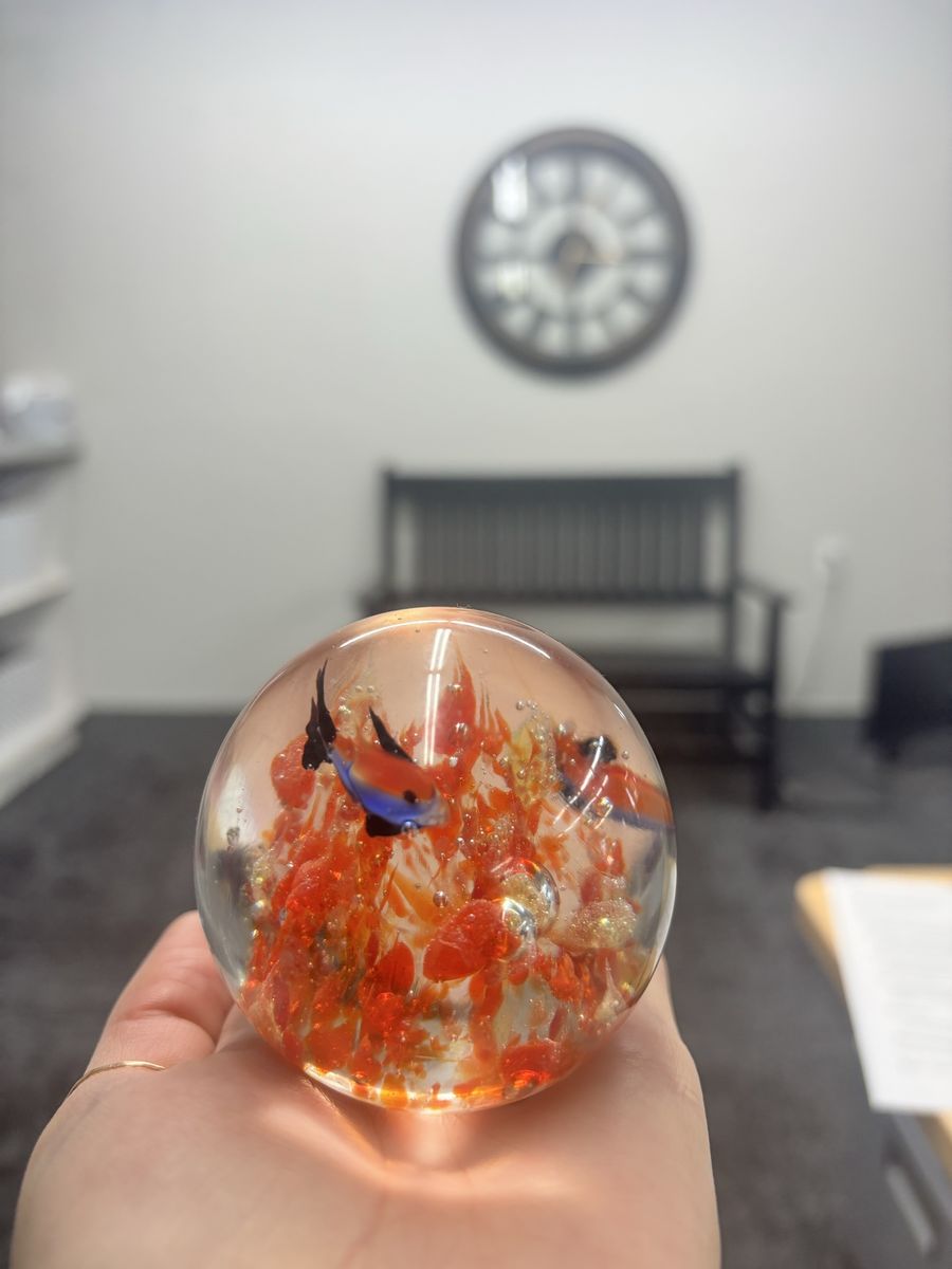 Art Glass Paperweight with Orange and Gold Inclusions & Blue Fish Accent