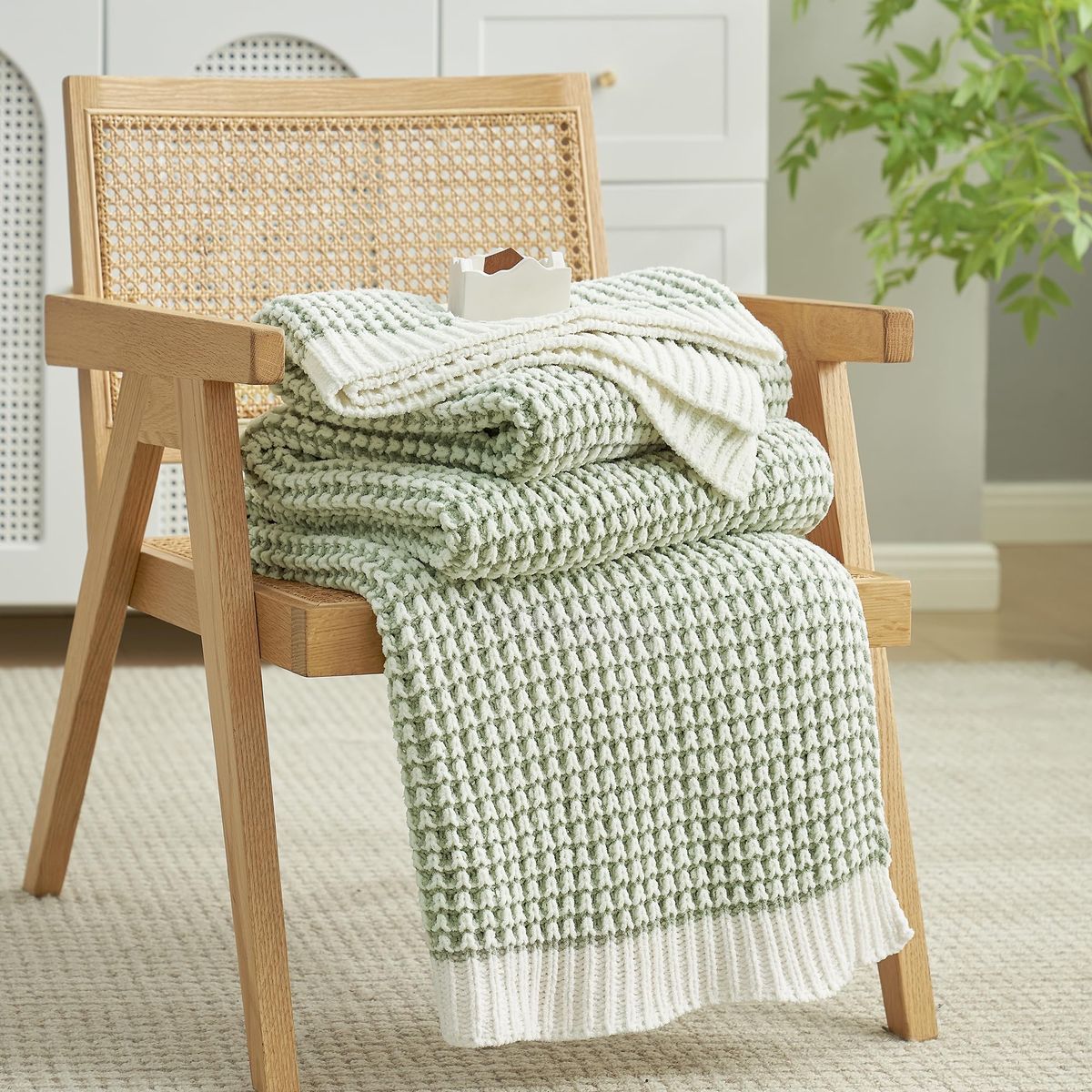 Cozy Knit Throw Blanket, Sage Green & White, Ultra Soft, Non-Shedding, Machine Washable