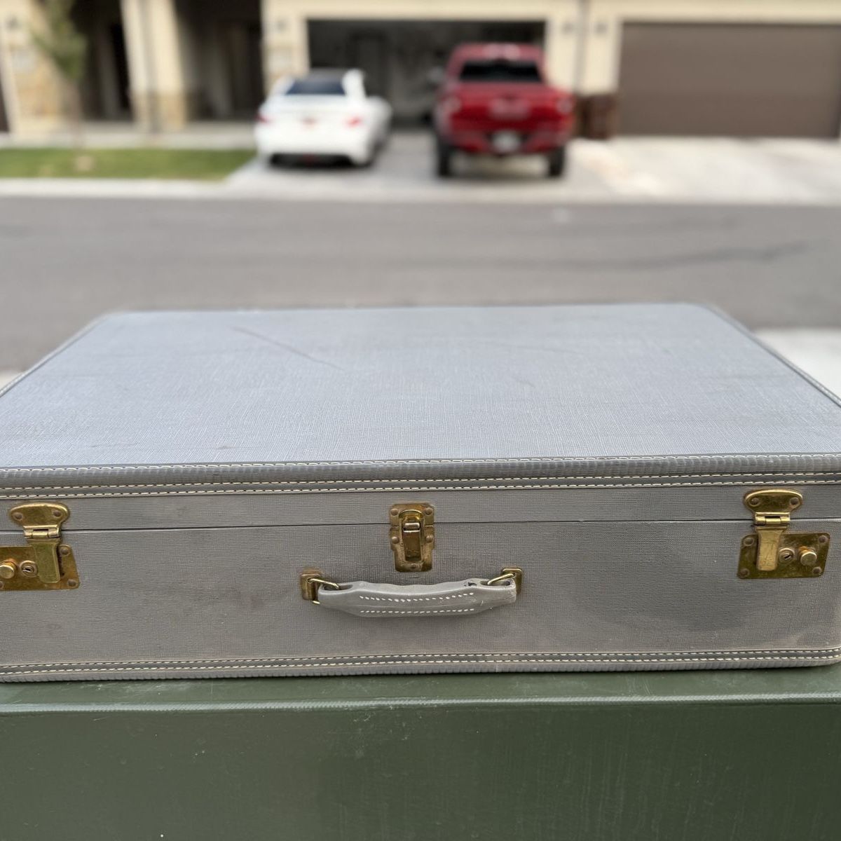 Vintage Gray Hard Shell Suitcase Luggage with Brass Hardware
