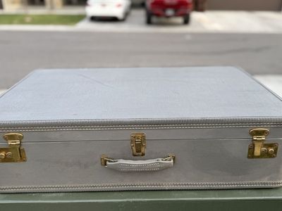 Vintage Gray Hard Shell Suitcase Luggage with Brass Hardware