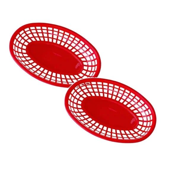 Red Oval Plastic Fast Food Baskets Serving Trays - Set of 10