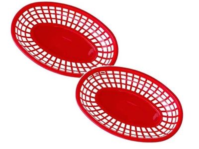 Red Oval Plastic Fast Food Baskets Serving Trays - Set of 10