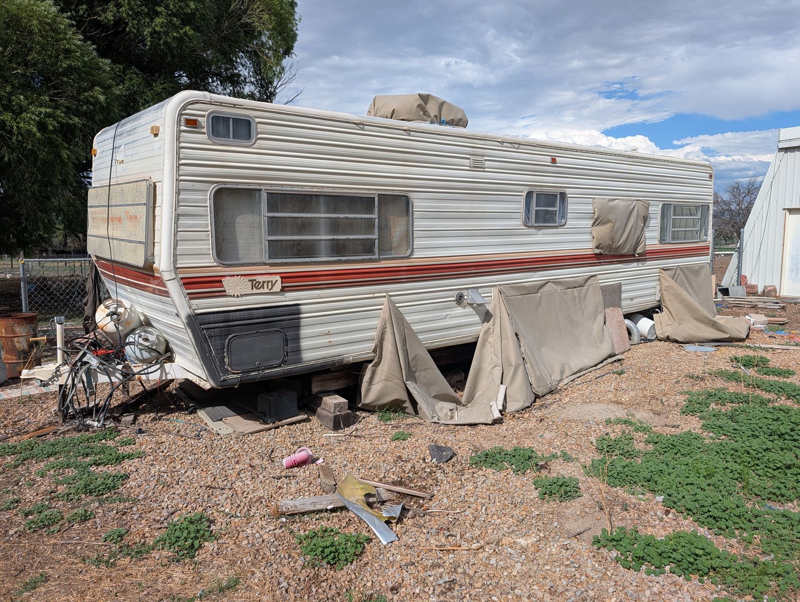 FREE Terry RV Project Travel Trailer - Partially Gutted Interior, Missing Wheels - Free to Haul