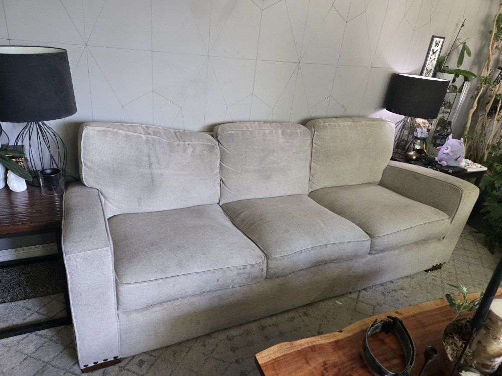 Used 3-Seater Fabric Sofa - Light Beige/Cream with Nailhead Trim
