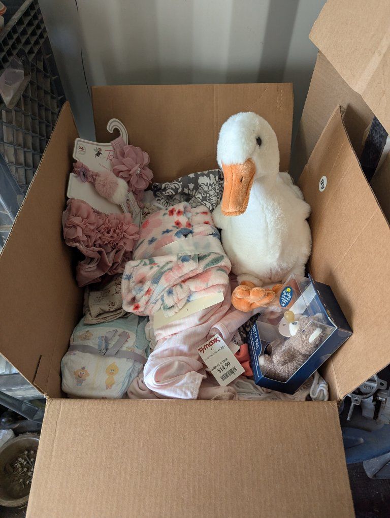 Box stuffed with girl baby clothes