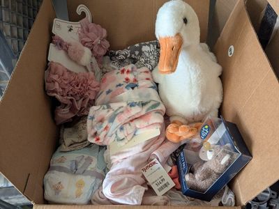 Box stuffed with girl baby clothes