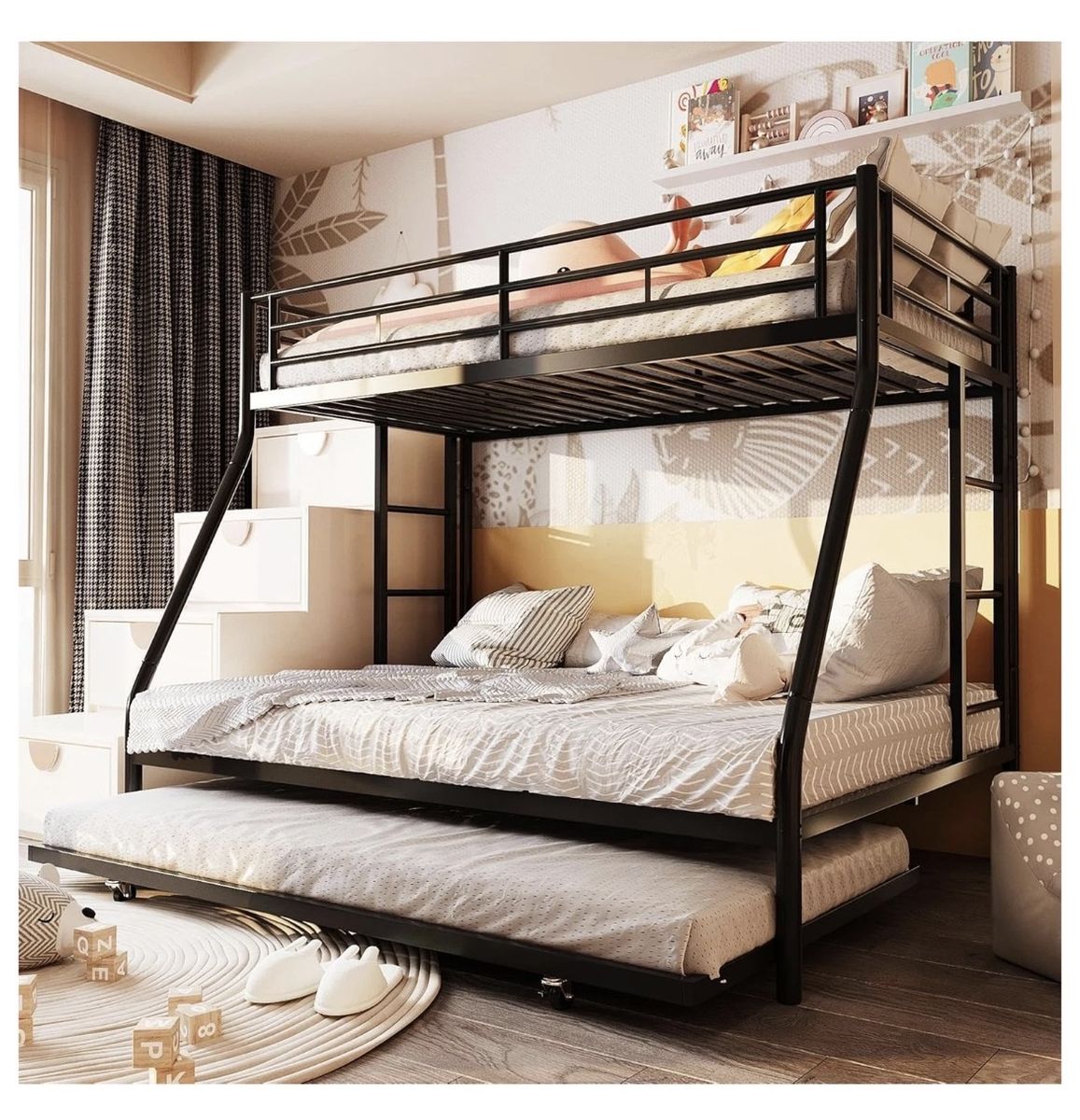 SUNLEI Twin Over Full Bunk Bed w/ Trundle, Metal