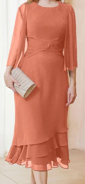 Long Sleeves Chiffon Tea-Length Dress with Jacket