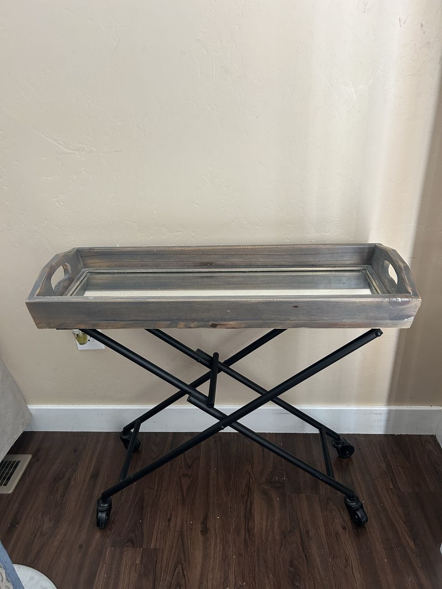 Rustic Wood & Mirrored Tray Table on Wheels - Versatile Home Decor Accent
