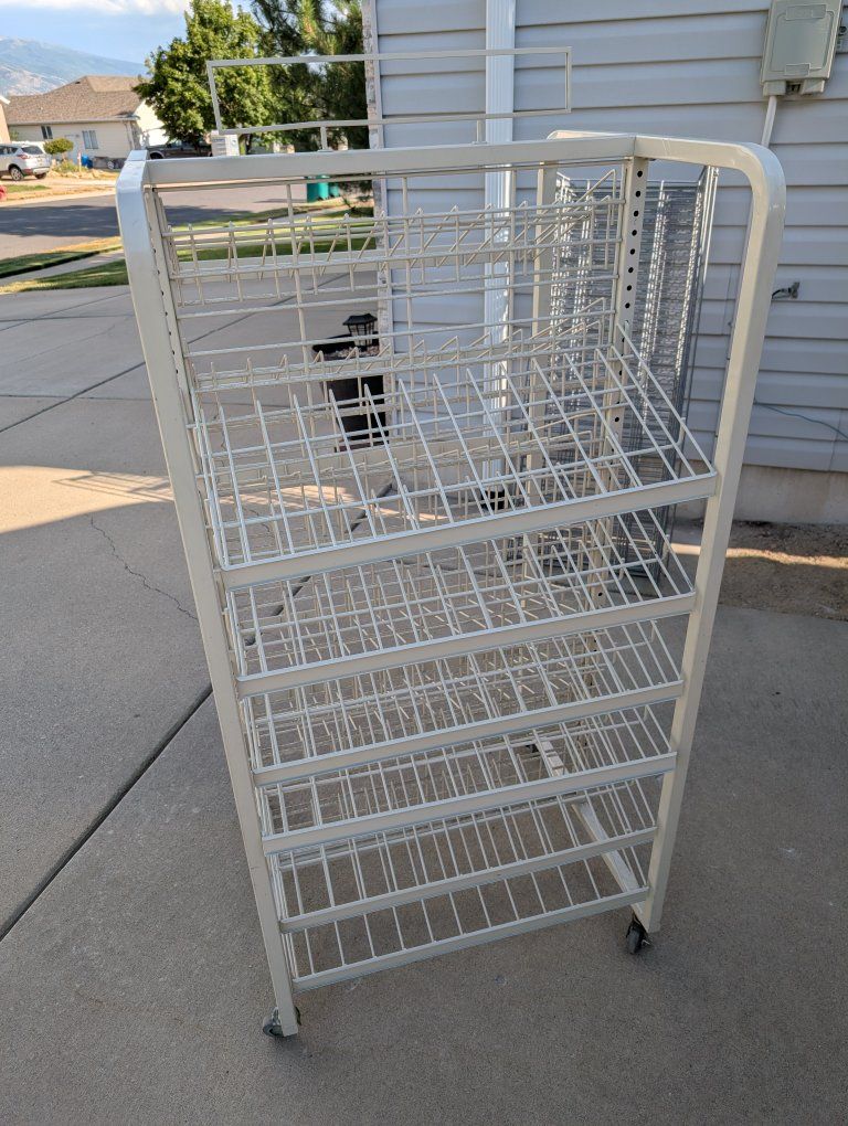 White Metal Wire Display Rack with 6 Tiers & Wheels - Store Fixture/Storage Shelf