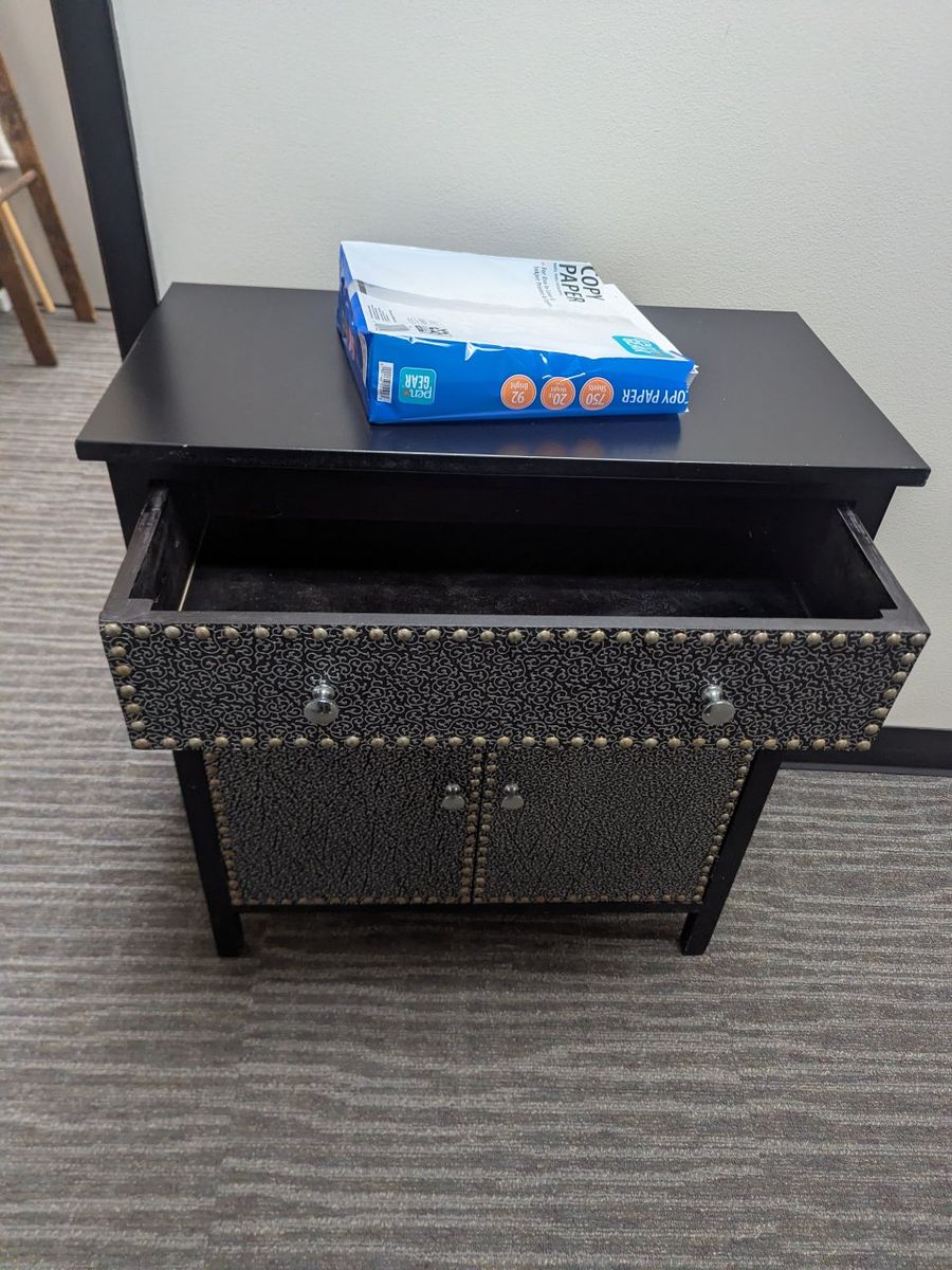 Black Accent Cabinet Nightstand with Patterned Drawers and Stud Trim