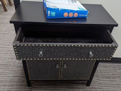 Black Accent Cabinet Nightstand with Patterned Drawers and Stud Trim