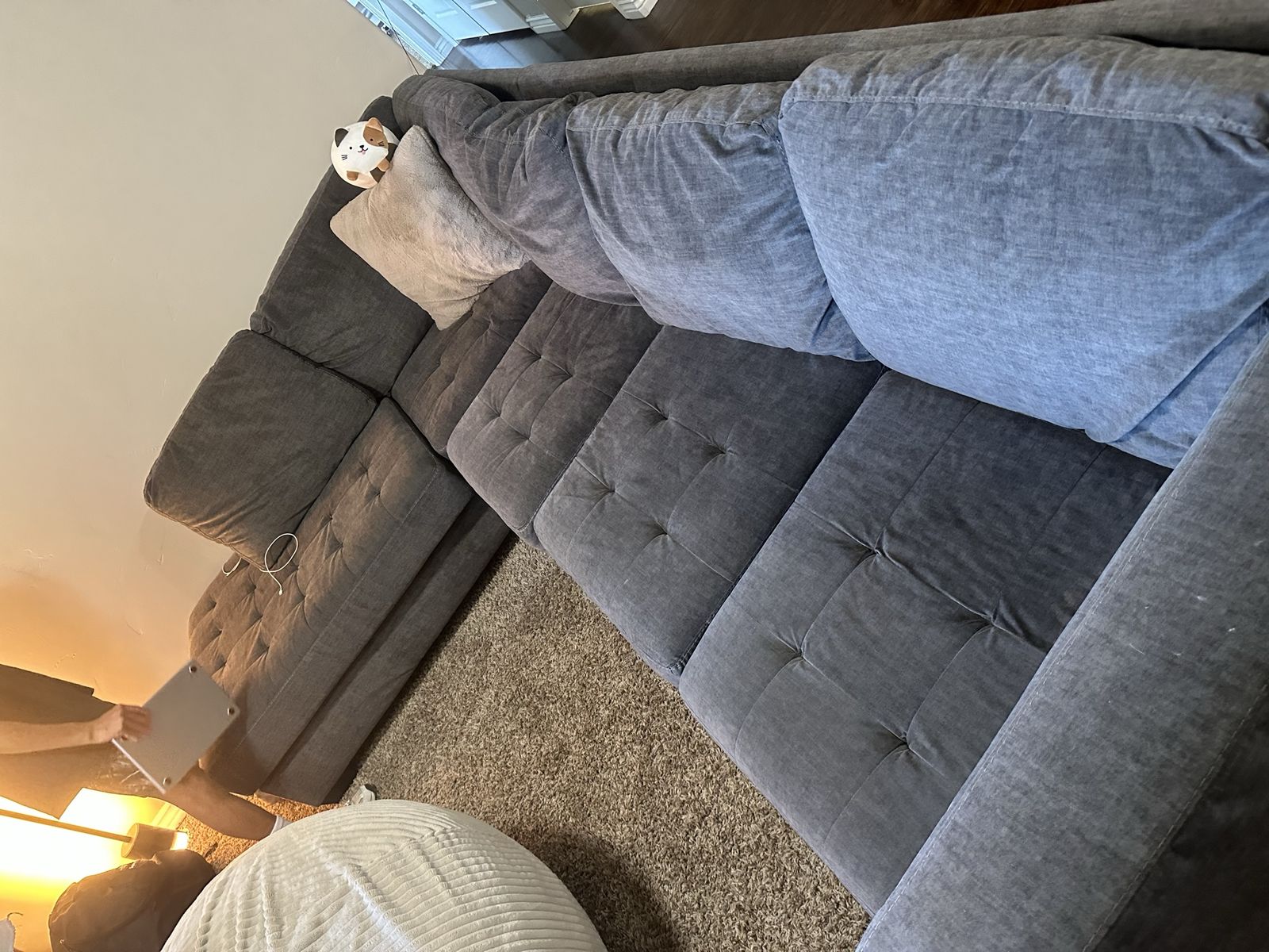 Sectional Couch - Gray Fabric, U-shaped, Tufted Cushions (cat owner)