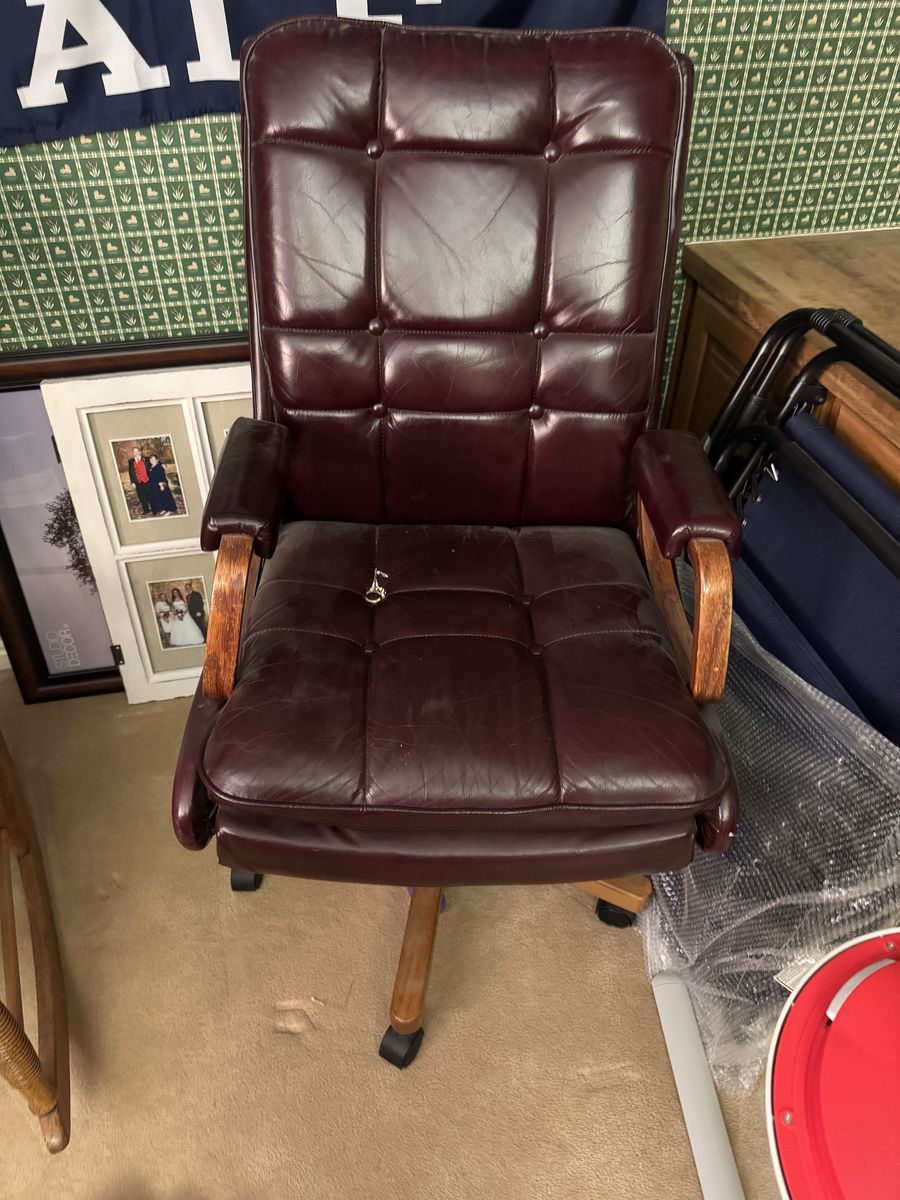 Vintage Burgundy Tufted Leather Office Chair with Wood Accents