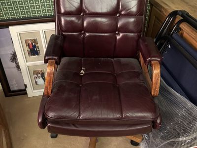 Vintage Burgundy Tufted Leather Office Chair with Wood Accents