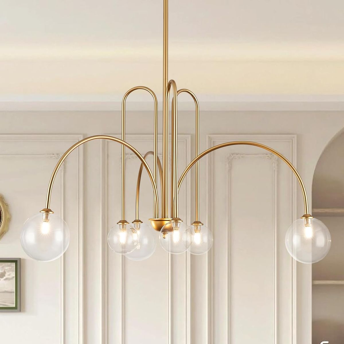 Large 6-Light Modern Gold Sputnik Chandelier with Clear Glass Globes