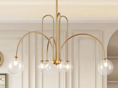 Large 6-Light Modern Gold Sputnik Chandelier with Clear Glass Globes