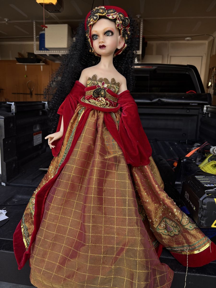Stunning Collectible Porcelain Doll in Elaborate Red & Gold Gown with Headpiece very limited edition 101/200