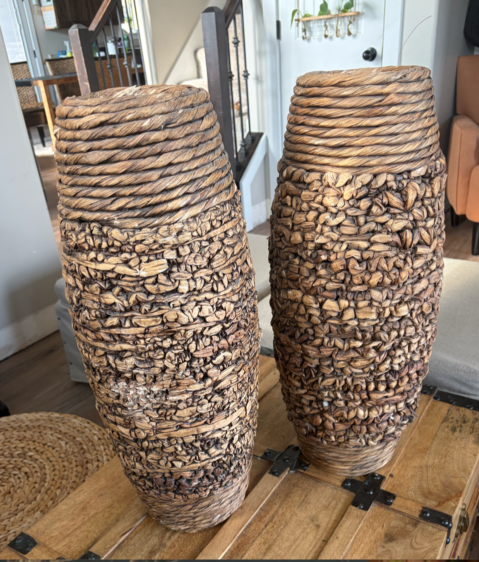 Pair of Large Woven Decorative Floor Vases | Natural Boho Décor