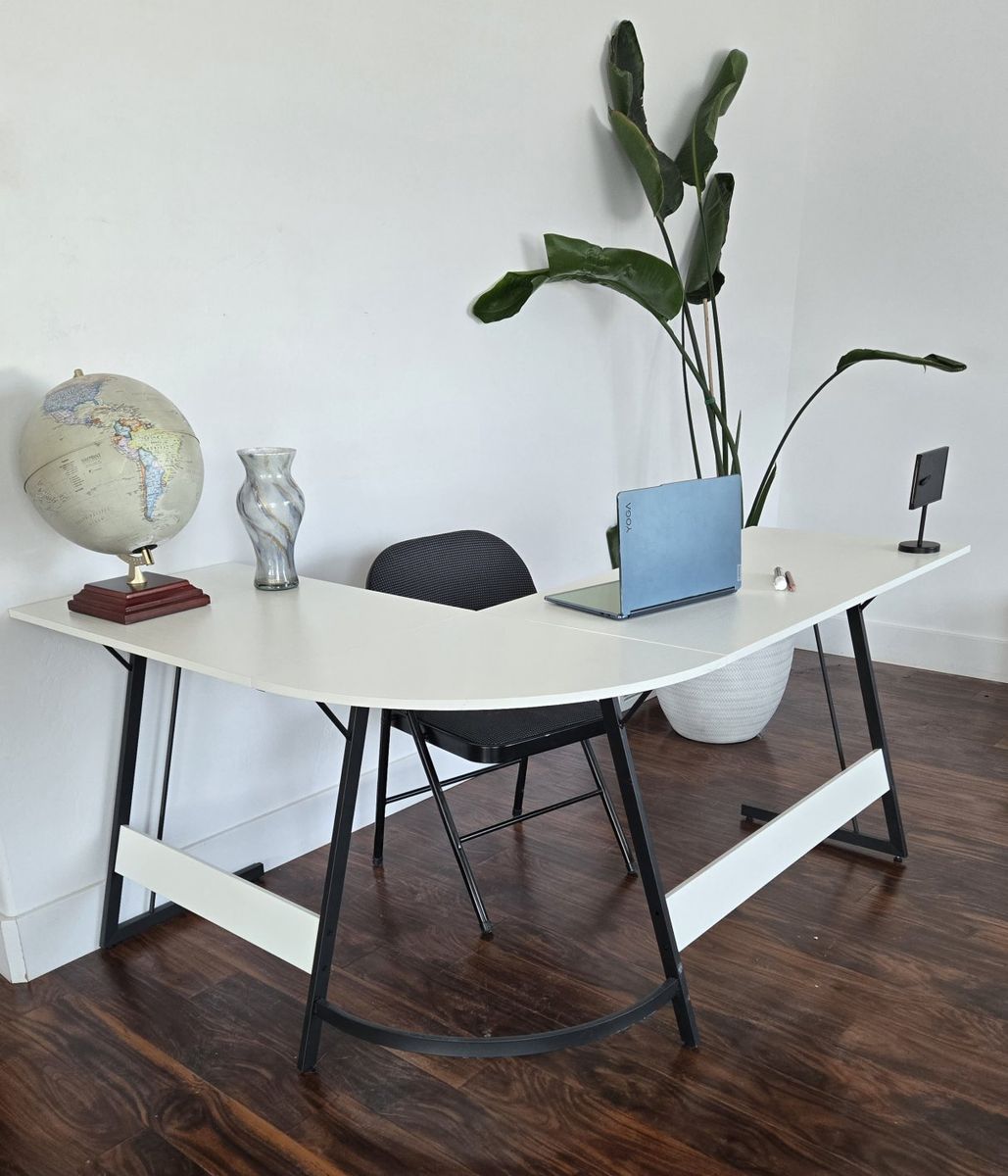 Modern White L-Shaped Corner Desk - Sleek Design, Ample Workspace