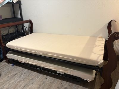 Twin Wood and Metal Daybed with Trundle and Mattresses