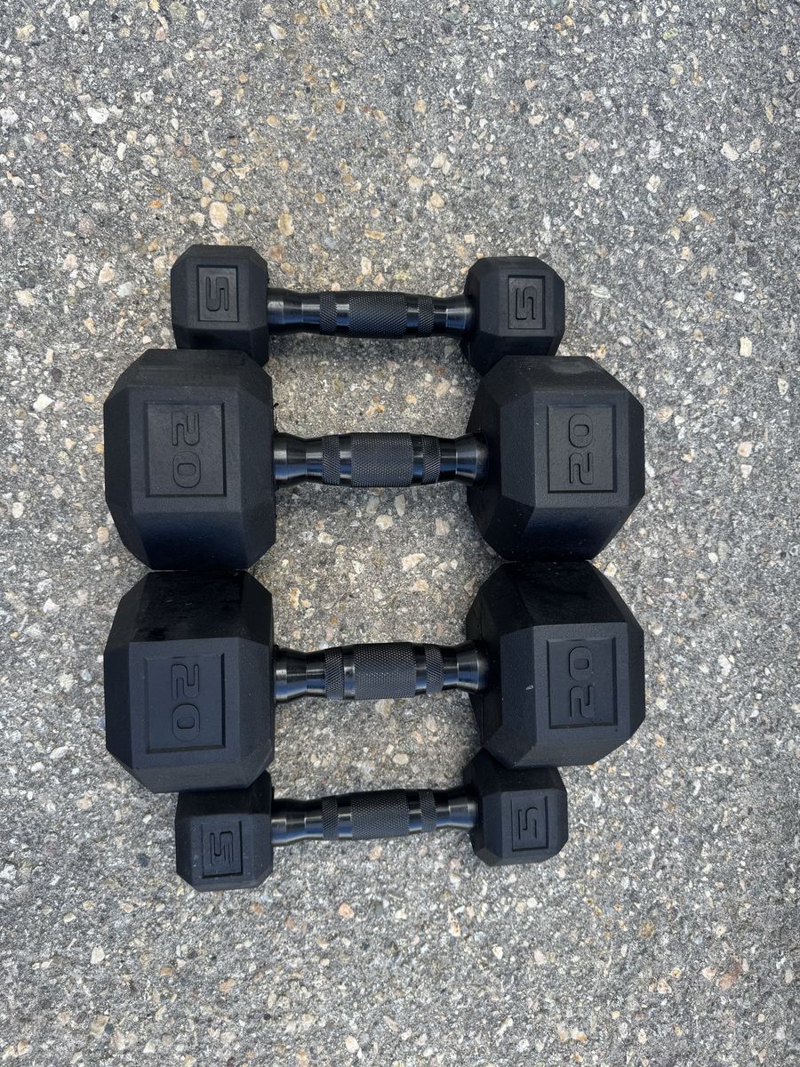 Set of 2 Rubber Hex Dumbbells - 5 lbs & 20 lbs Pairs - Home Gym Weight Training