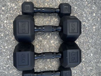 Set of 2 Rubber Hex Dumbbells - 5 lbs & 20 lbs Pairs - Home Gym Weight Training