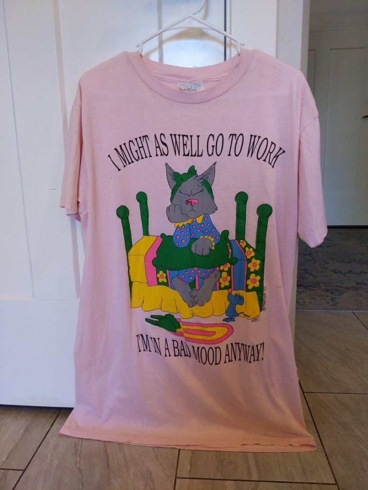 Vintage 90s Tickles "I Might As Well Go To Work I'm In A Bad Mood Anyway!" Cat T-Shirt nightgown- Harris Freestyle Art