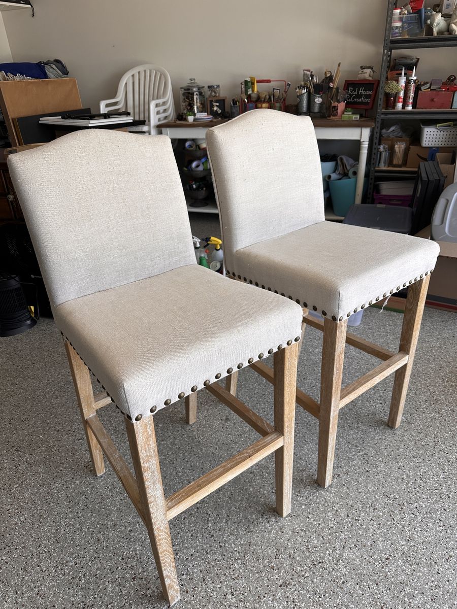 Pair of Upholstered Bar Stools - Nailhead Trim, Light Wood Frame, Cream Fabric - UsedExcellent