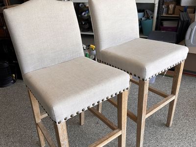 Pair of Upholstered Bar Stools - Nailhead Trim, Light Wood Frame, Cream Fabric - UsedExcellent