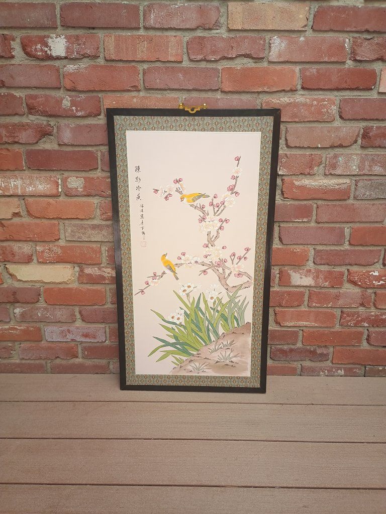 Vintage Asian Wall Hanging Art Birds and Cherry Blossoms Framed