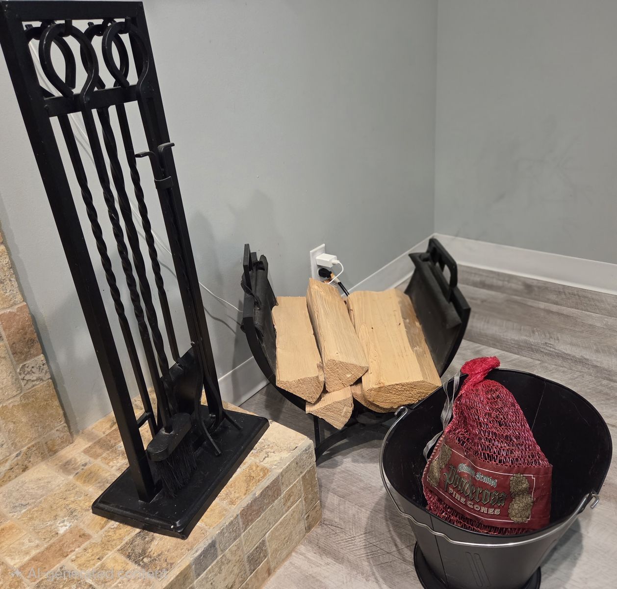 Black Wrought Iron Fireplace Tool Set & Log Holder - 5-Piece Stand with Tongs, Poker, Shovel, Brush