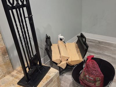 Black Wrought Iron Fireplace Tool Set & Log Holder - 5-Piece Stand with Tongs, Poker, Shovel, Brush