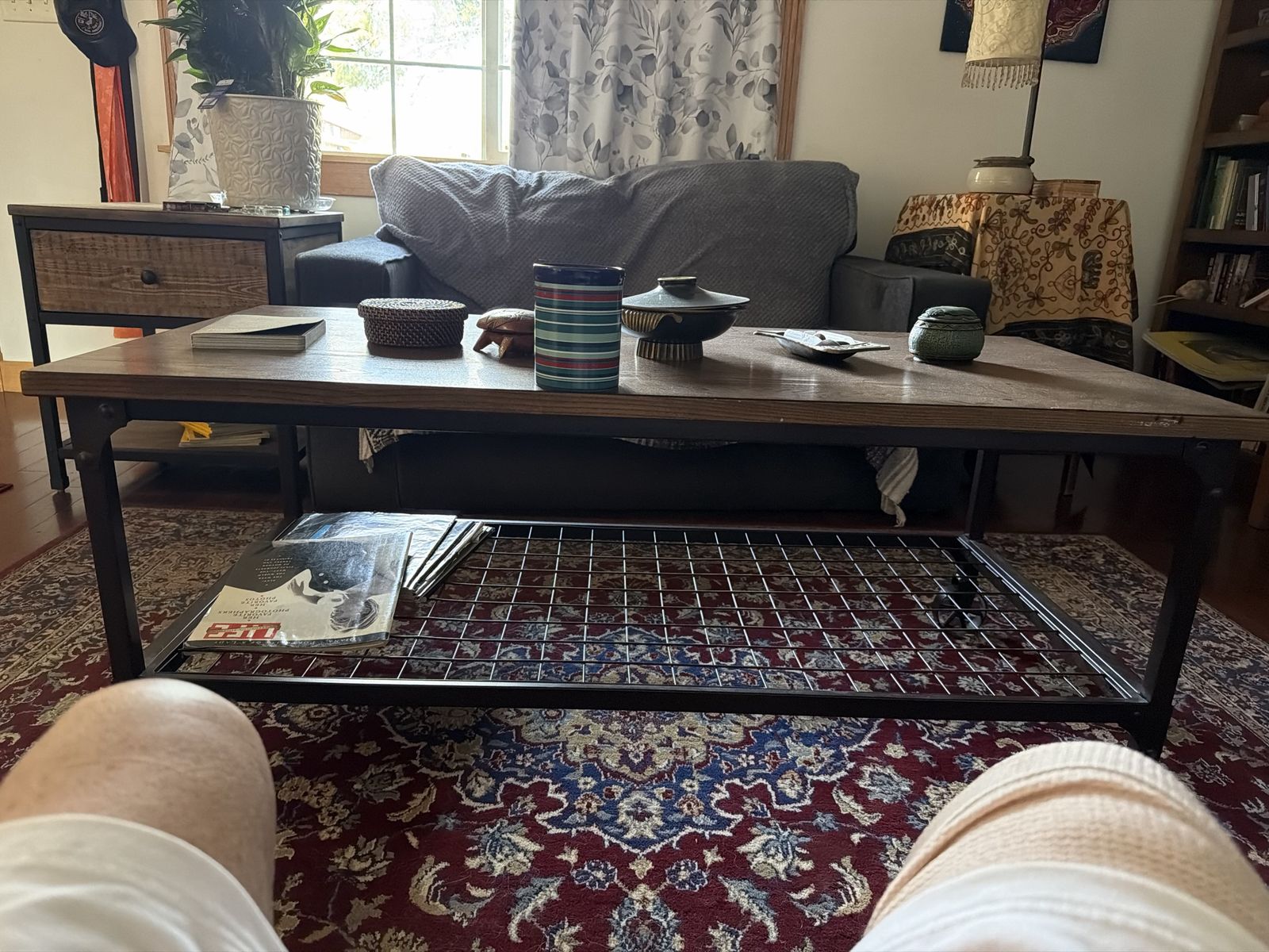 Industrial Coffee Table with Wooden Top and Lower Wire Shelf