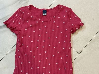 Old Navy Pink Polka Dot Ribbed Short Sleeve Top Size L 10-12