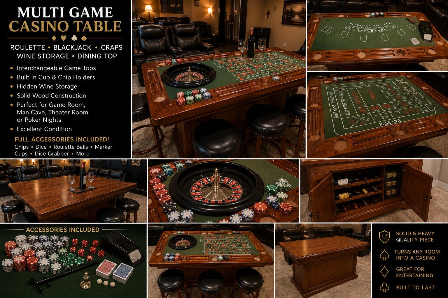 Multi Game Casino Table Roulette Blackjack Craps Wine Storage Dining Top