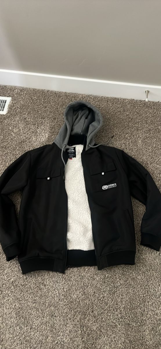 Ecko Unltd. Men's Black/Gray Hooded Bomber Jacket with Sherpa Lining - Size Medium