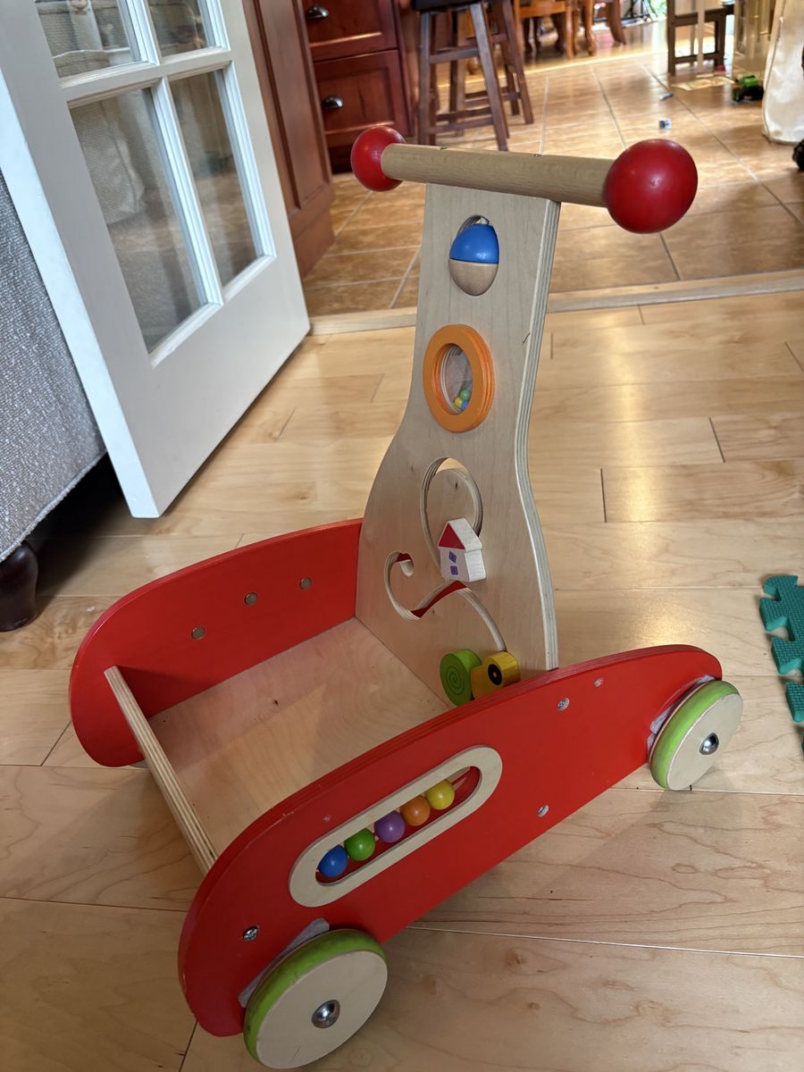 Hape Wooden Wonder Walker Push Toy w/ Shape Sorter & Activity Panel, Red/Natural Wood