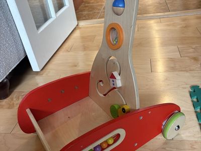 Hape Wooden Wonder Walker Push Toy w/ Shape Sorter & Activity Panel, Red/Natural Wood