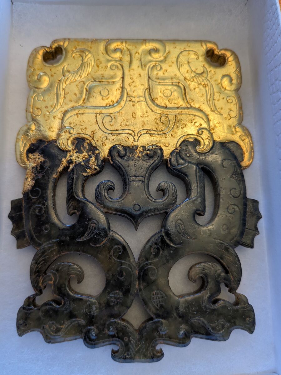 Guilded Jade carving Twin dragon pendant