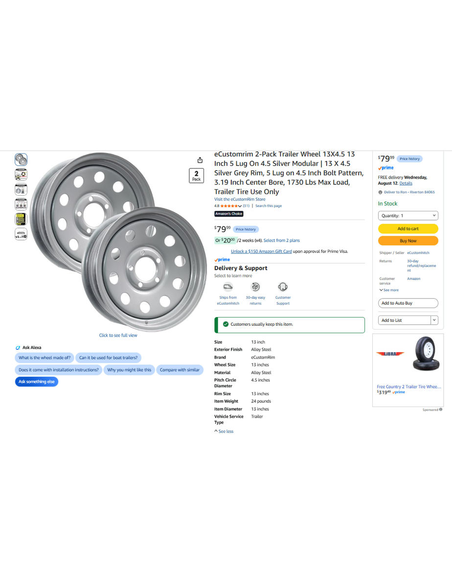 Trailer Tire Rim - 13X4.5 13 Inch 5 Lug On 4.5 Silver Modular $30