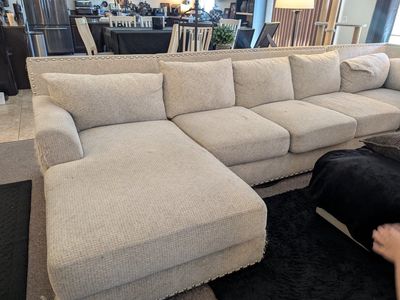 Large Beige Sectional Couch with Nailhead Trim and Chaise Lounge - Fabric Upholstery