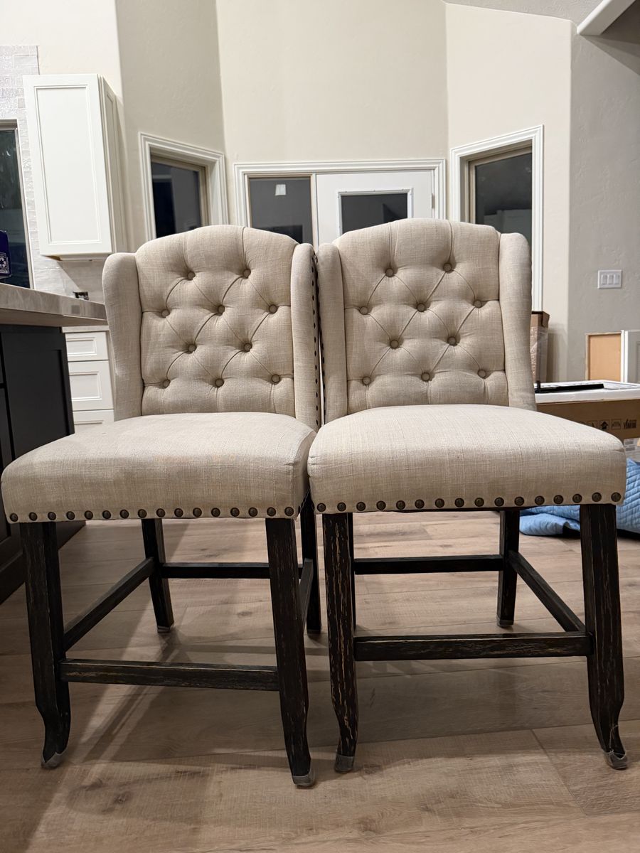 Pair of Upholstered Tufted Wingback Bar Stools with Nailhead Trim - Counter Height Chairs